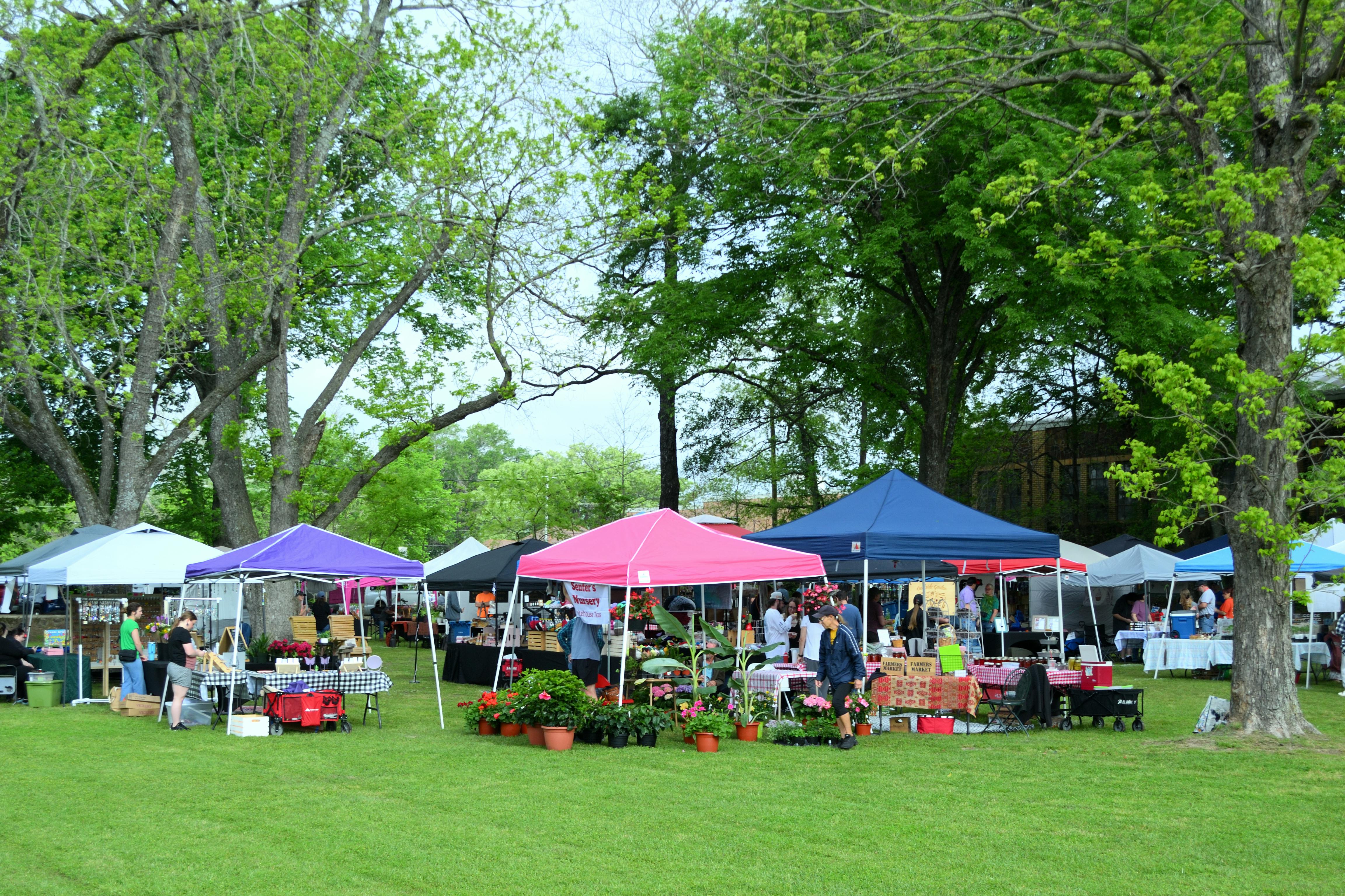 farmer's market tents in a park