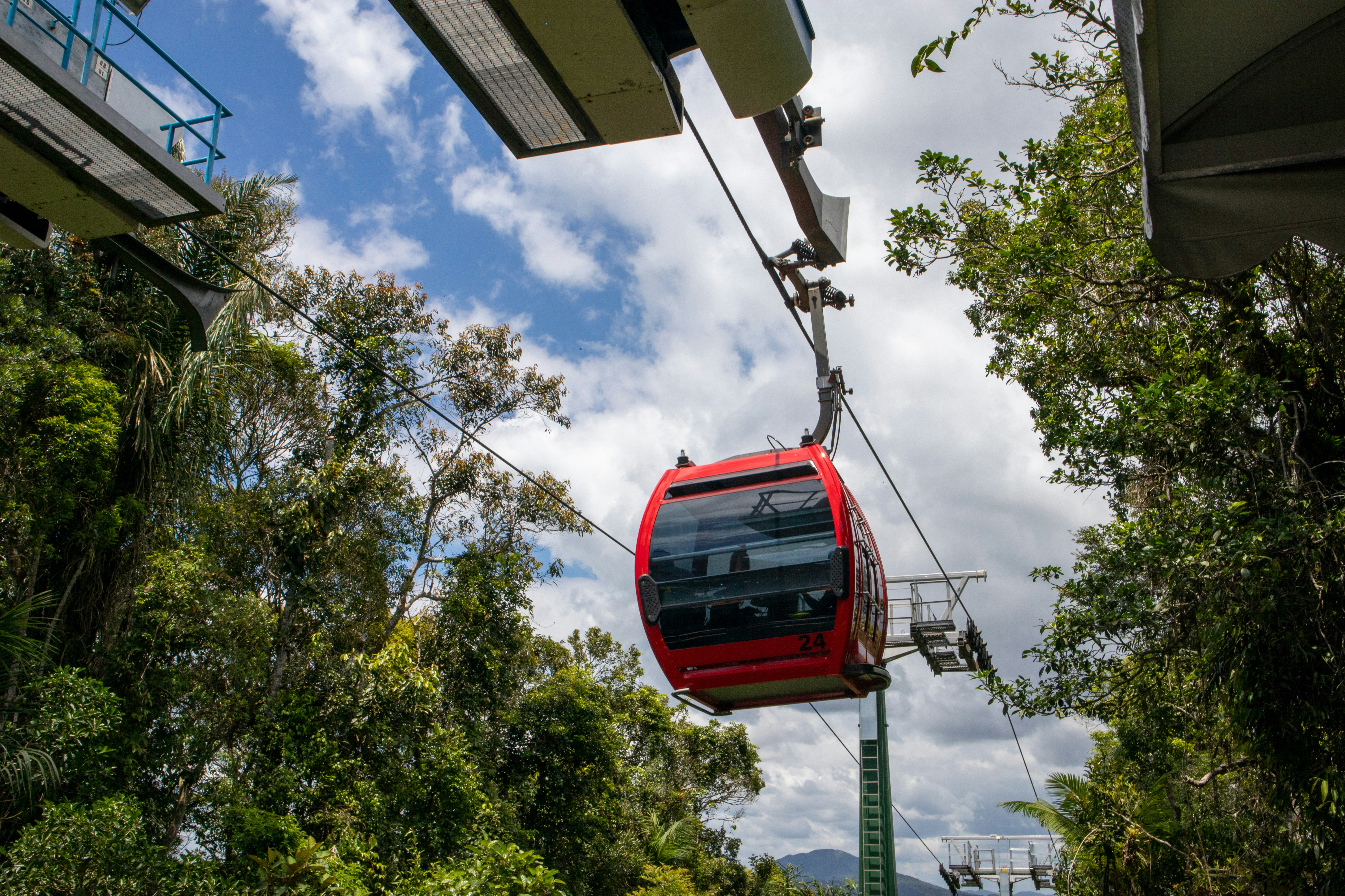 red gondola passing through trees