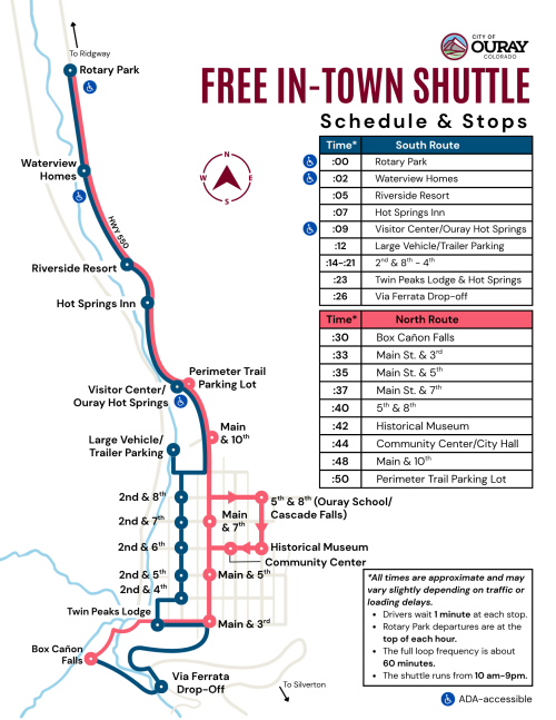 simple map of ouray bus route with timetable and colored dots for stops