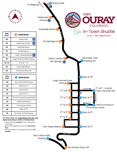 simple map of ouray bus route with timetable and colored dots for stops