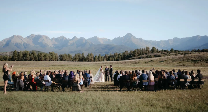 Wedding ceremony at top of the pines with guests