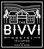 bivvi hostel logo with hotel and trees
